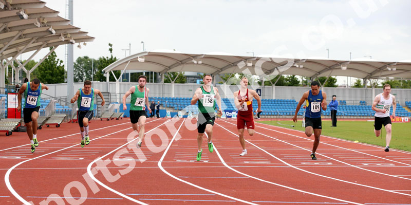 158 Andrew Robertson (Sale) wins the senior 100 metres, Northern Championships, Sport City, Manchester